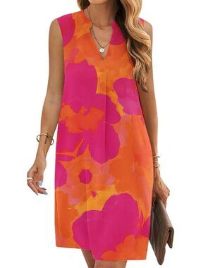 Women's Orange Floral Summer Sleeveless Casual T Shirt Sundresss Shift Dress